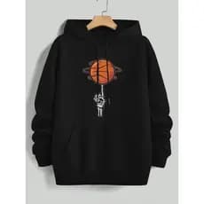 Blusa Casaco Moletom Frio Canguru Bolso Capuz Streetwear Casual Masculino Unissex Estampa Bola Basquete Dedo Caveira