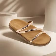 Sandália Feminina Birken Papete Confortável Tiras Metalizadas Cruzadas Douradas