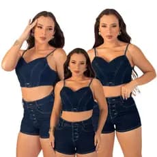 Conjunto Jeans Escuro Botão Encapado Cintura Alta Short  Top Cropped Feminino