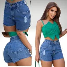 Short Jeans Feminino Premium Cintura Alta Marmorizado Leve Destroyde Barra Chuleada