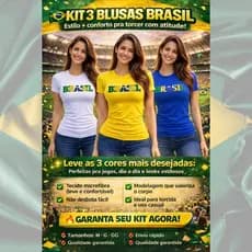Kit 3 Blusas Feminina Torcida Brasil Gola Redonda Manga Curta Cores Copa do Mundo Confortável