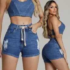 Short jeans feminino cós cintura alta versátil casual com LAYCRA Jeans Premium