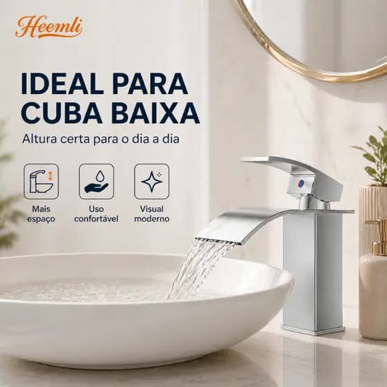Torneira Banheiro Inox Cascata Quadrada com Misturador e Arejador Preta Heemli