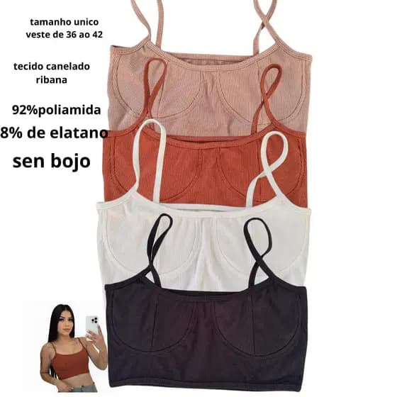 Kit 2 Cropped Blogueira Canalado Ribana Poliamida Sem Bojo Meia Taça Top Feminino