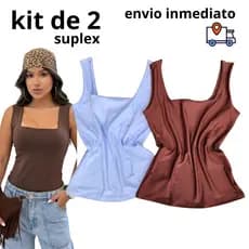 Kit 2 Regatas Femininas Alça Larga Suplex C/ Forro Duplo - Blusa Decote Quadrado nadador