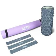 Kit Treino em Casa Acte T402 Tapete 4mm + 3 Mini Bands + Rolo Liberação Miofascial Pilates Yoga Funcional