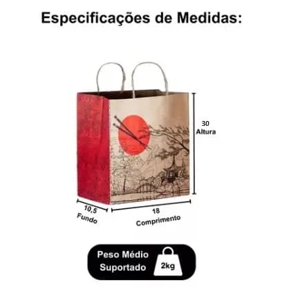 Kit Sacola De Papel Kraft Pardo com Desenho Oriental 25un  - Para Delivery Food Presente Entrega