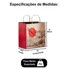 Kit Sacola De Papel Kraft Pardo com Desenho Oriental 25un  - Para Delivery Food Presente Entrega