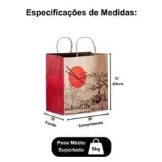 Kit Sacola De Papel Tamanho  Kraft Pardo com Desenho Oriental - Para Delivery Food Presente Entrega