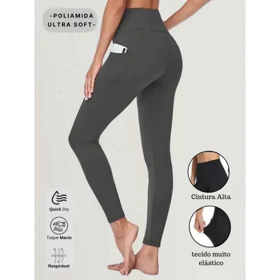 Calça Legging Polyester Fitnes Sport Com bolso Lateral Ioga Pilate Ginastica Cintura Feminina
