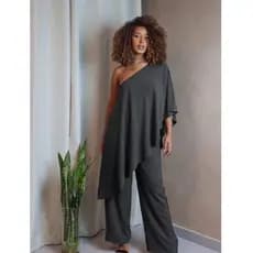 Conjunto Nula Feminina Assimetrico Pantalona Crepe Forro