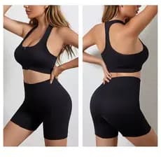 Conjunto Feminino Top Ziper Canelado + Short Canelado Poliamida Fitness Treino Esporte