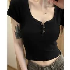 Blusa Slim Fit Manga Curta Feminino Com Botão Básica