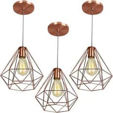 Kit 3 Pendentes Diamante Aramado Rose Gold Lustres de Teto Com Cabo 1 Metro Regulável
