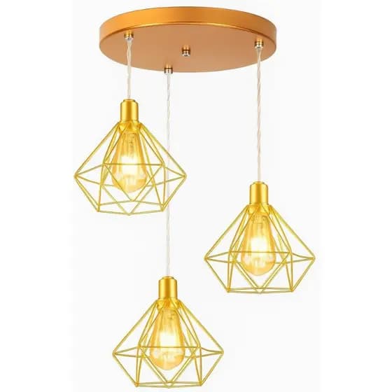 Pendente Diamante Aramado Triplo Dourado Cabo Regulável 1 Metro