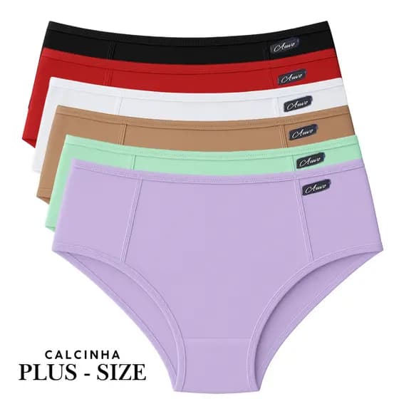 Kit 5 Calcinhas Plus Size Cós Pala larga Cos Alto Segura Barriga