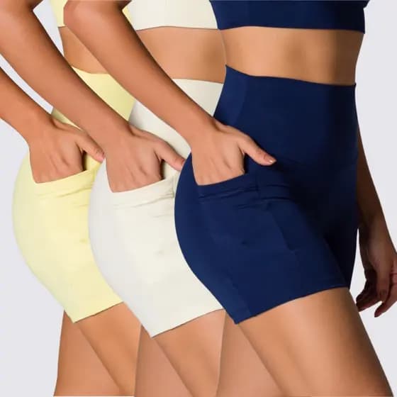 3 Short Poliamida Blackout Cintura Alta Zero Transparência Com Bolso Lateral Kit Corrida Feminino