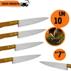 Jogo 10 Facas de Cozinha de 7" em Inox Cabo Madeira Carne Cozinha Açougueiro