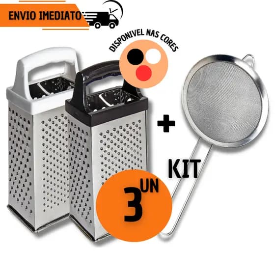 Kit 3 Peças - 2 Ralador 4 faces e 1 Peneira Inox Cozinha Coador Cortador Confeitaria Bolo Doce Coco