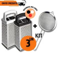 Kit 3 Peças - 2 Ralador 4 faces e 1 Peneira Inox Cozinha Coador Cortador Confeitaria Bolo Doce Coco