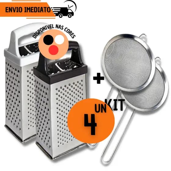 Kit 4 Peças - 2 Ralador 4 faces e 2 Peneiras Inox Para Cozinha Coador Confeitaria Bolo Coco Doce