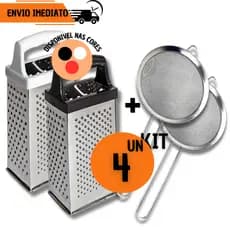 Kit 4 Peças - 2 Ralador 4 faces e 2 Peneiras Inox Para Cozinha Coador Confeitaria Bolo Coco Doce