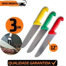 Jogo 3 Faca Profissional 12"Aço Inox Açougue Chef Desossar Corte Afiado Premium Churrasco