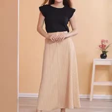OitoW Saia Longa Alfaiataria listra Moda Evangélica Elegante Cintura Alta，Com cinto