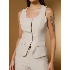 Oito W MODAS Conjunto feminino Tecido Twill marrant linho Coleto com Calça chic Social  calca com bolso modelo