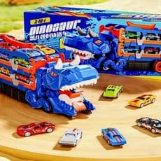 Carro Dinossauro 4 em 1 com Pista 150cm Caminhão Lançador Engole-Carros com 6 Carrinhos de Liga Brinquedo Infantil