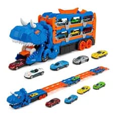 Caminhão Dinossauro 4 em 1 com pista e lançador, 6 carrinhos de metal