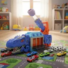 Caminhão Dinossauro Lançador de Futebol Engole Carrinhos Brinquedo Infantil com 6 Carrinhos e 6 Bolinhas