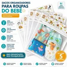 kit 5 Saquinhos Organizador Maternidade Multiuso para Roupas e Fraldas Estampa Safari