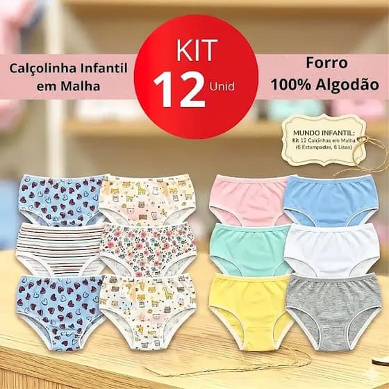 Kit 12 Calcinhas Calçolinha Infantil Menina Sortida Com Estampa E Lisa Conforto