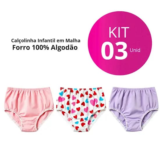Kit 3 Calcinhas Calçolinha Infantil Menina Sortida Com Estampa E Lisa Conforto