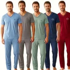 Pijama Masculino Calça e Camiseta em Malha Premium Confortável Gola V no P M G GG Ref 091