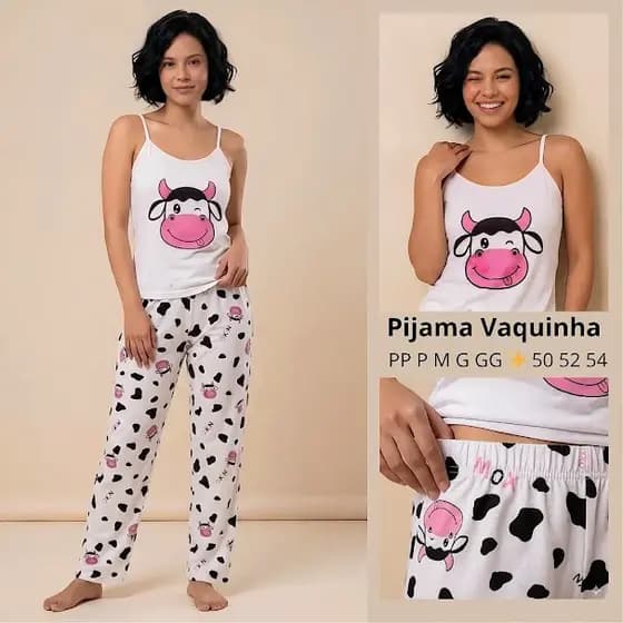 Pijama Vaquinha Feminino Adulto Vaca Com Calça E Regata Em Suede Modinha