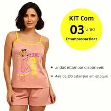 Pijama Feminino Adulto Kit 3 Short Doll Alcinha Em Malha Verão Fresquinho Confortável Ref Luana