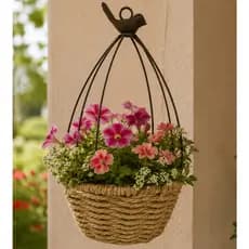 Gaiola Decorativa Suspensa Ferro e Palha Para Flores Jardim Varanda Decoração Rústica Elegante QX24132 S/2C