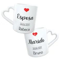 Kit 2 Canecas Brancas com Alça de Coração Esposa e Marido Personalizada Porcelana - 325ml