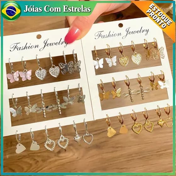 Conjunto de brincos de 9 peças em formato de borboleta e coração em ouro e prata joias femininas da moda
