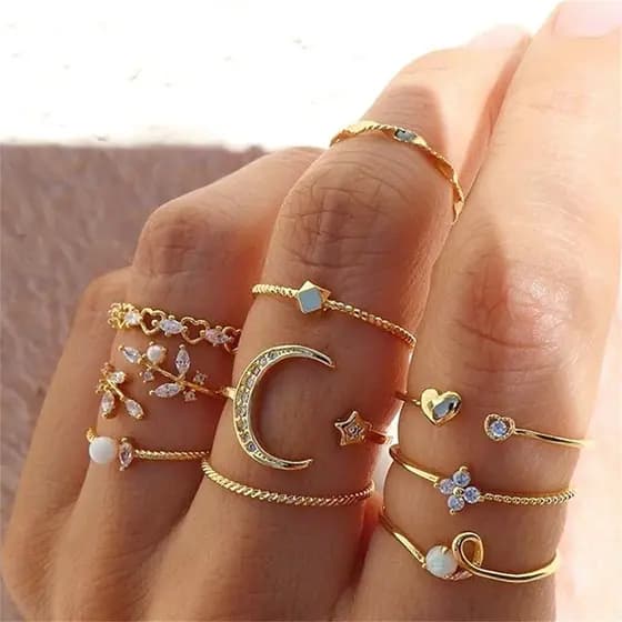 10 Pçs Conjunto De Anel Ajustável Para Mulheres Lua Estrela Coração Diamante Jóias