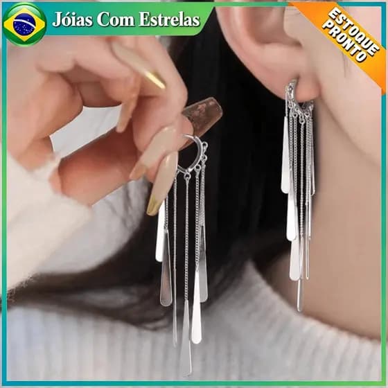 Brincos de Borla Longa Prata de Lei S925- Modelo Nicho Elegante para Mulheres