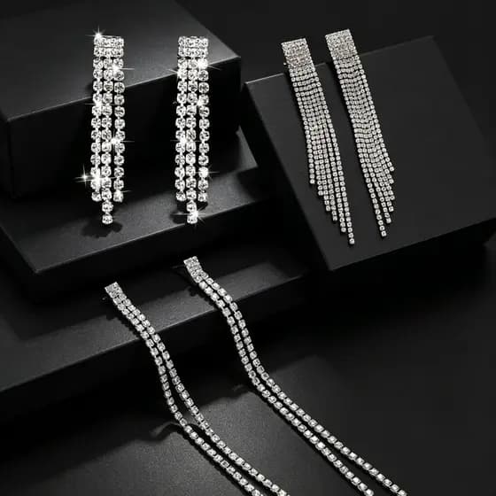 Conjunto de 3 brincos de franja com strass para mulheres brilhantes acessórios para festa de casamento