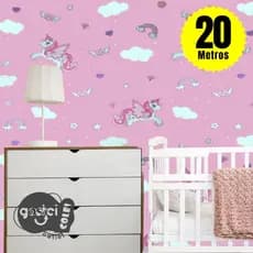 Papel de Parede Infantil Unicórnio Mágico Rosa Autoadesivo Rolo 5m x 45cm Quarto