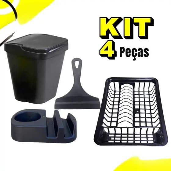 Kit Cozinha PRETO Porta Detergente / Rodo de Pia / Lixeira + Escorredor de Louça Area Gourmet