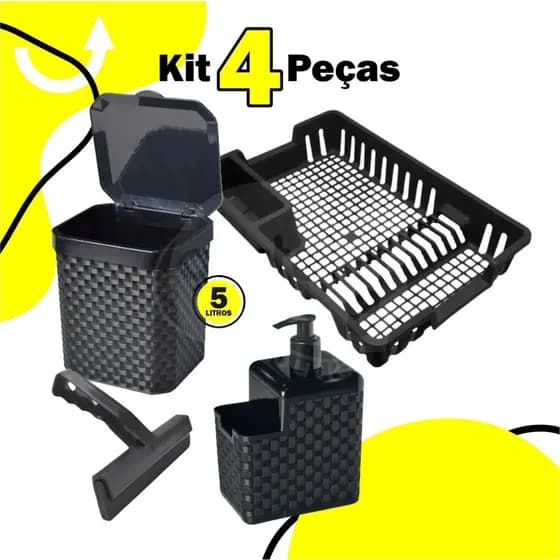 Kit Lixeira 5 Litros + Porta Detergente + Rodinho de Pia + Escorredor Louça