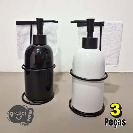 Kit Banheiro Lavabo 3 Peças Porta Sabonete Liquido + Suporte + Mini Toalha