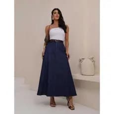 Saia longa jeans feminina cintura alta botão forrado com bolso e zíper