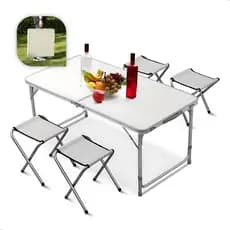 Mesa Dobravel Portatil Camping Vira Maleta 120x60 com 4 Banquetas Praia Ajuste Altura Leve e Pratica